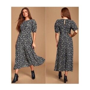 Free People Jessie Black Cream Ditzy Floral Smock Puff Sleeve Dress 90’s SZ 12